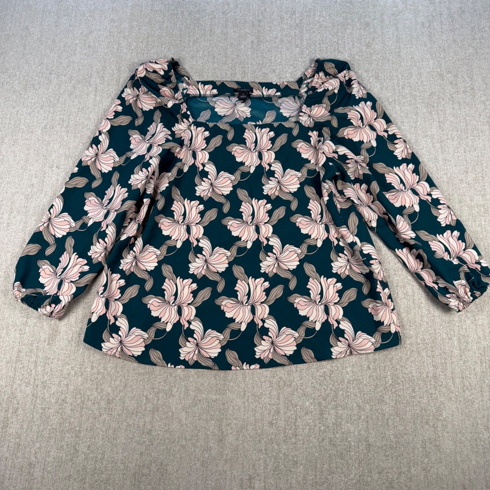 Ann Taylor Factory Blouse Women Medium Green Pink Floral Square Neck Puff Sleeve